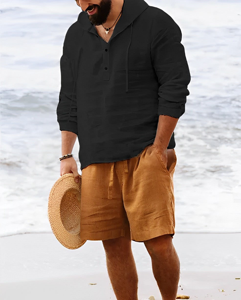 Herren-Leinenhemd Mit Henley-Kragen Und Langarm