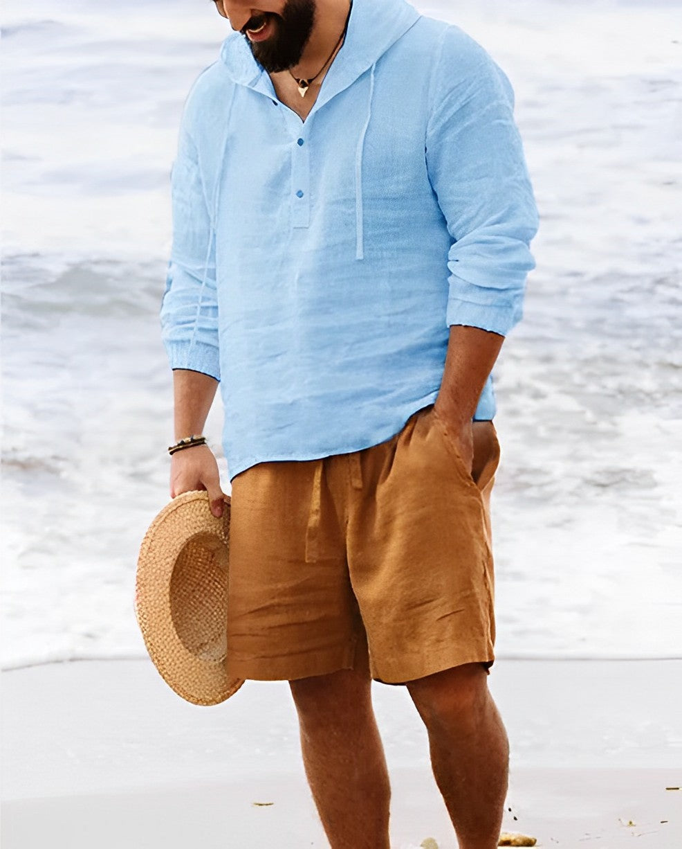 Herren-Leinenhemd Mit Henley-Kragen Und Langarm