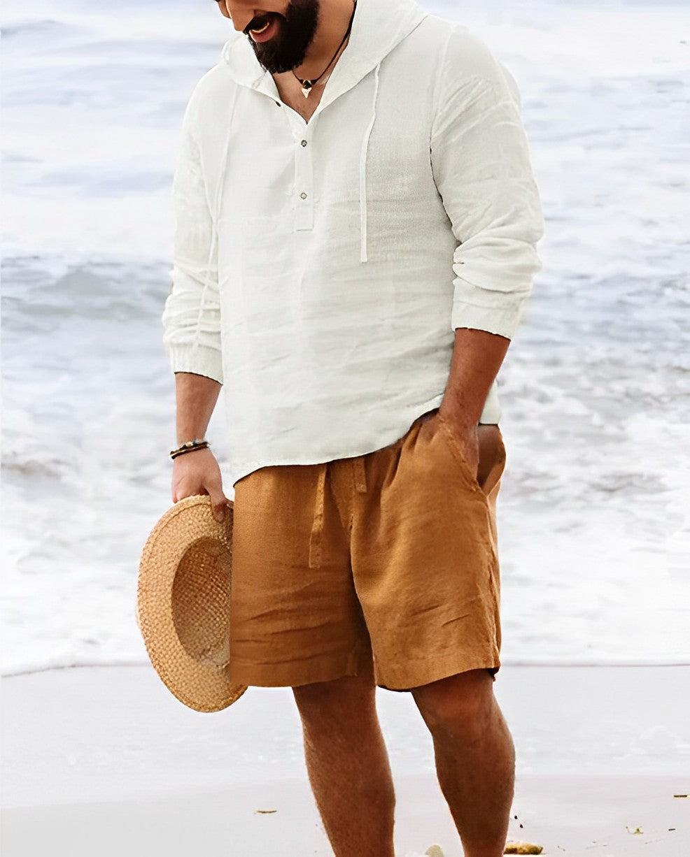 Herren-Leinenhemd Mit Henley-Kragen Und Langarm