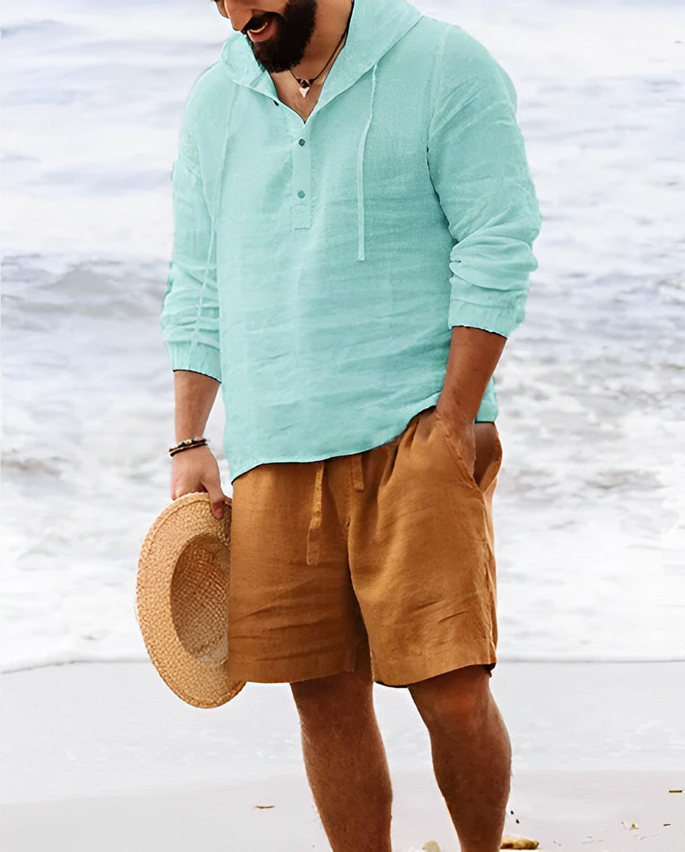 Herren-Leinenhemd Mit Henley-Kragen Und Langarm