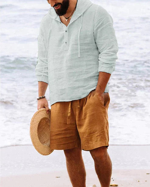 Herren-Leinenhemd Mit Henley-Kragen Und Langarm